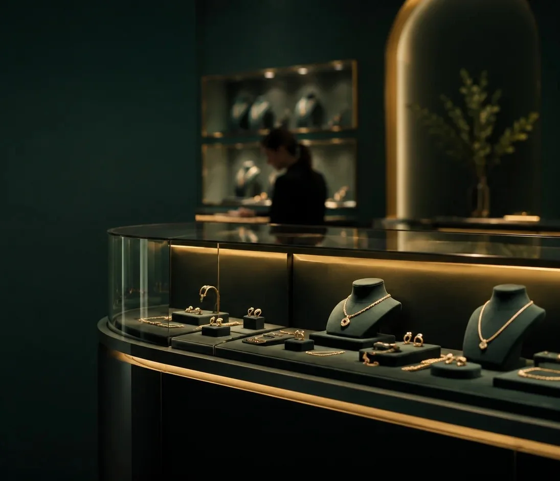 Balcão de joalheria com peças em destaque em vitrine iluminada